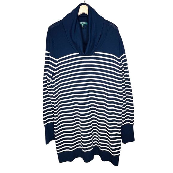 Ralph Lauren LRL Sweater 2X Wool Blend Stripe Navy Cream Tunic Nautical Preppy - Picture 1 of 11